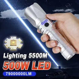 Linterias antorchas Brightest 79000000LM 500W Potente linterna XHP360 Ligas LED de alta potencia Luz de antorcha recargable 5500m Linternas de campamento 0109