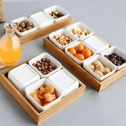 Tallrikar Japan Style Kitchen Organizer Ceramic Bowls förvaringsbehållare med bambu lock och pallar mellanmål serverar bricka efterrättplatta