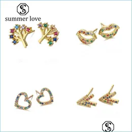 Stud New Rainbow Cubic Zirconia Love Lips Arrow Tree Eye Earrings for Women Girls Fashion Copper Plated 18k Gold Cz Earring smycken Dhrdh