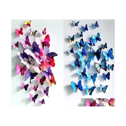 벽 스티커 3D 나비 스티커 시뮬레이션 나비 이중 날개 장식 아트 데칼 홈 장식 드롭 배달 정원 DHFEK