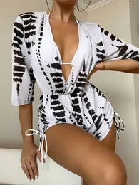 Costumi da bagno da donna 2023 Costume da bagno da donna Bikini sexy con tutina da spiaggia a maniche lunghe in rete Cover Up Bikini da 3 pezzi Costumi da bagno stampati 230111