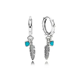 Orecchini a cerchio con cuori turchesi e piume con scatola originale per gioielli Pandora in argento sterling 925 per feste di matrimonio per donne Set di orecchini firmati regalo fidanzata