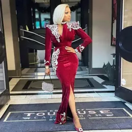 Sexy V Neck Burgundy Red Velvet Prom Dresses For Black Girls Long Sleeves Ankle Length Plus Size White Lace Appliques Formal Evening Occasion Gowns BC14919