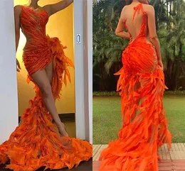 Atemberaubende orangefarbene Meerjungfrau-Abschlussballkleider, sexy, schiere, rückenfreie High-Low-Abendkleider, Illusionsapplikationen, Cocktail-Vestidos, formelle Anlässe, trägt BC14878