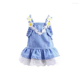 Dog Apparel Cute Pet Dress Skirt Lace Princessss Blue Plaid White Flower