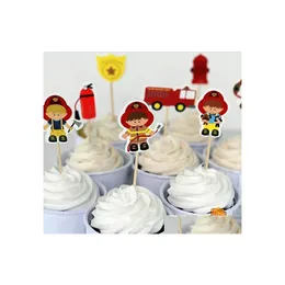 Inne świąteczne zapasy imprezy 72PCS Fireman Cake Toppers Cupcake Pase Case Fire Fighter Birthday Dekoracja Baby Shower Cand Dhpnj