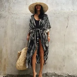 Women's Swimwear Beach Dress 2023 Bikini Cover Ups Black Retro Striped Self Belted Women Wear Swim Suit Upbeach Exit Long