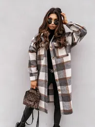 Kadın Örgü Tee Kış Yün Katlar Kadın Ekose Baskı Retro Sıcak Kalın Uzun Ceket Outercoats Kore Stil Dış Giyim Manteau Femme Hiver 230110