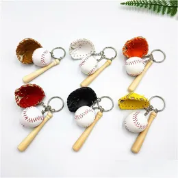 Keychains Lanyards Creative Glove Baseball Pu Leather Add Wood Key Ring Sport Keychain Promotion Gift Mini Softball Chain Drop Del Dh09G