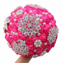 Dekorativa blommor fushia bröllop buketter handgjorda blommor rhinestone brudtärna kristall brudbukett de mariage