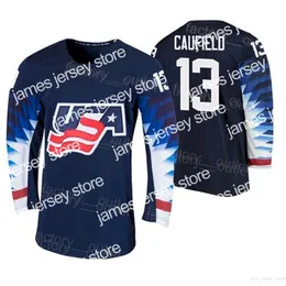 College Hockey indossa Men Movie College US Team Hockey 13 Cole Caufield Jersey 2021 IIHF World Junior Championship Team Color Navy Blue Away for Sport Fan