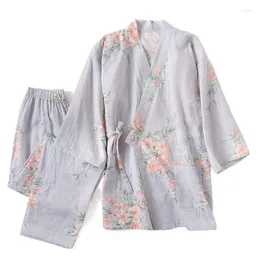 Women's Sleepwear Cotton Women Home Clothes Ladies Half Sleeve Kimono Robe Sets Long Trousers Pajamas Suit Homewear Pijama Seda