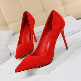 Dress Shoes High Heels Women's Korean Fashion Thin Heel Suede Shallow Pointed Toe Sexy Slim Red Pump Stiletto Zapato Tacon