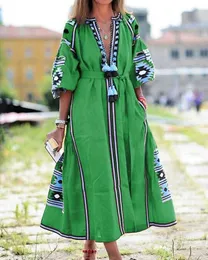 カジュアルドレススプリングフレンチスタイルの女性ドレスカフタンプリント大きなスイングA-Line Maxi Vestidos Eid Mubarak Abaya Sundress Robe Long