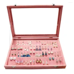 Jewelry Pouches SZanbana 32Pair Clear Lid Earrings Organizer Holder Pink Velvet Tray Display Showcase Storage With 2Locks Window