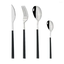 Defina a utensília de jantar preto Mat mesa de faca de bolo de faca do garfo Conjunto de chá 4pcs Cozinha de cozinha de aço inoxidável com suporte de madeira