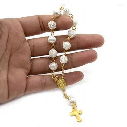 Link Bracelets Diyalo Imitation Pearls Rose Beads Bracelet Sacred Heart Cross Prayer Baptist Hand Holding Blessing Catholic Jewelry
