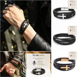 Link Bracelets Classic Style Cross Men Bracelet Multi-Layer Stainless Steel Leather Bangles Magnetic Clasp For Friend Fashion Jewelry Gift