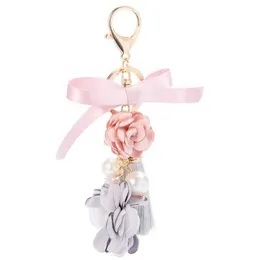 Nyckelringar färskt tyg rosa blommor båge nyckelring för kvinnor tofs cool nyckelning bästa present vän hängsmycken grossist drop leverera dhq18