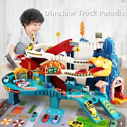 Diecast Model Car Dinosaur Toys Car Dino Adventure Curved Road Track Rail fordon Parkeringsplats Kids Pojkar Interaktion Games Barn födelsedagspresenter 230111