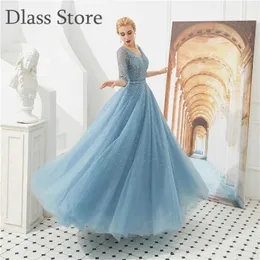 Party Dresses Sky Blue Evening V-Neck Elegant Half Lange Sleuppen med applikationer illusion LACE-UP BACK PEADING PESKINS Prom Gown