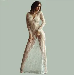 Sexy Deep V Neck Dresses Long Sleeve Lace See Through Tight Trailing Dress High