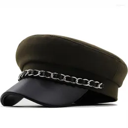 Berets Girl Wool Military Hat Winter Hats For Women Ladies Cap kvinnlig Casquette Militaire Gorra Chain