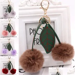 Keychains Bedanyards Sweet fofo Pompon Pompon Chave Moda Presente Plush Faux Fur Fruit Bag Car Cereja com folhas Pu folhas Dhehy