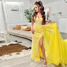 Chic amarelo beading vestidos de noite lado split lantejoulas vestido de baile com trem destacável personalizado pageant vestido 2023 326 326