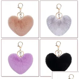 Keychains Lanyards Wholesale Handcraft Fur Pompom Keychain Soft Lovely Heart Shape Pompon Faux Rabbit Pom Poms Ball Car Handbag Ke Dhcex