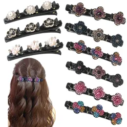 Bling Crystal Flower Ribbon Braided Hair Clips Fashion Four Leaves Duckbill Hairpin With 3 Small Clips Rhinestones Bangs Barrettes For Girls 1315