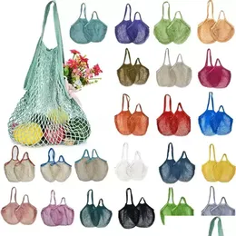 Storage Bags Mesh Washable Reusable Cotton Grocery Net String Shop Bag Eco Market Tote For Fruit Vegetable Portable Short And Long H Dh30R