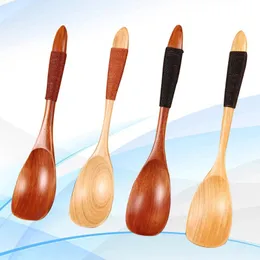 Spoons 4Pcs Japanese Style Wooden Kids Soup Natural Wood Rice Serving Tableware Flatware Set With Tied Line On Handle