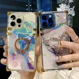 Yezhou Designer Telefonfodral f￶r iPhone13Pro 14 Pro Max Laser Marble Transparent Square med Stand New iPhone X Protective Cover