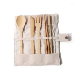 Flatvaruuppsättningar bambu knivar gafflar skedar med väska bärbar camping träbestick set picknick utomhus bordsartiklar