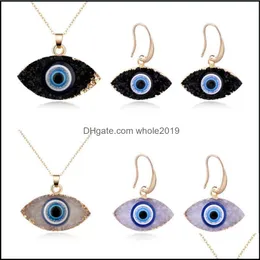 Orecchini Collana Blu Ispirato Malocchio Druzy Drusy Pendente Set di Gioielli Resina Cristallo di Quarzo Moda Per Le Donne Drop Delivery Set Dh9Sd