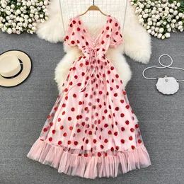 French super fairy gauze dress Strawberry sequin V-neck Fashion waist show thin seaside holiday dress