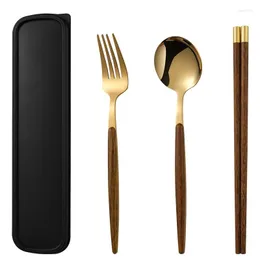 Dinnerware Sets 3/4Pcs Tableware Set Stainless Steel Wooden Handle Cutlery With Box Fruit Fork Chopsticks Spoon Student Portable Kitchen