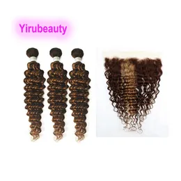 P4/27 Deep Wave Yirubeauty Double Wefts 3 Bundles With 13X4 Lace Frontal Free Part Piano Color 10-30inch