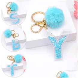 Keychains Lanyards Fluffy Blue Pompom Faux Rabbit Päls Boll paljetter Bokstäver Key Rings Holder Trendy Jewelry Bag Accessories Gifts D DH5PX