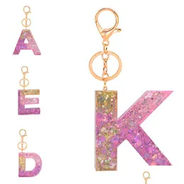 Keychains Lanyards Letter Pendant Resin Key Chains Rings For Women Cute Car Pink Sequin Letters Keyring Holder Charm Bag Couple Gi Dhnul