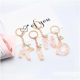 Keychains Lanyards Gold Foil Epoxy Resin Letter Keychain Cute Light Pink Dried Flower Key Chain Women Az Initial Acrylic Keyrings Dhx47