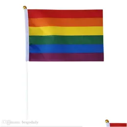 Banner Flags Rainbow Gay Pride Stick Flag With Flagpole 5X8 Inch Hand Waving Handhold Using Gold Top Tqq Bh1748 Drop Delivery Home G Dh0Rb