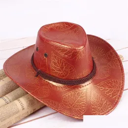 Wide Brim Hats Large Leather Cowboy Hat Flat Top Mens Leaves Printed Felt Bucket Man For Men Women Fedora Owing 20211231 T2 Drop Del Dh6Ab
