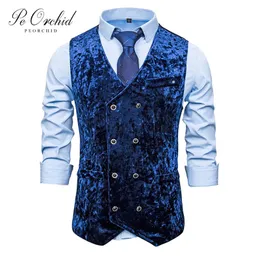 メンズベストPeorchid Royal Blue Vevlet Suit Vestダブルブレストビジネスノースリーブジャケットグルームウェディングウエストコートメンズドレス