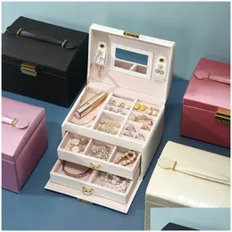 Storage Drawers Double Der Pu Leather Largecapacity Jewelry Threelayer Ring Earrings 5 Colors Box Size 17X14X13Cm Drop Delivery Home Dhvhu