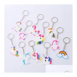 Keychains Lanyards 16 Styles Cartoon KeyChain PVC Soft Rubber Doll Pendant Rainbow Horse Handicraft Accessories Keyring Drop Deliv Dhsam