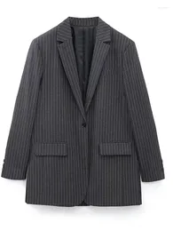 Kadınlar Suit Office Lady Spring Rasyal Çizgili Baskı Uzun Blazers Kadınlar Tek Düğmesi Siyah Gevşek Ceketler Kadın İki Cep Şık Dış Giyim