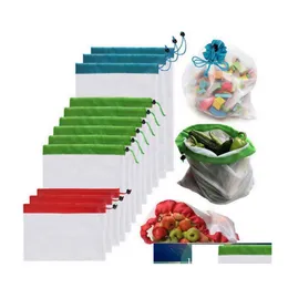 Storage Baskets 1Pc Kitchen Washable Mesh Produce Basket Bags For Grocery Reusable Fruit Vegetable Drop Delivery Home Garden Houseke Otzxy