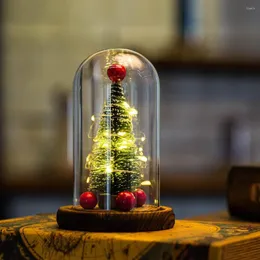 Juldekorationer Mini Tree Display Glass Cover med träbas USB Night Light Dome för Xmas Home